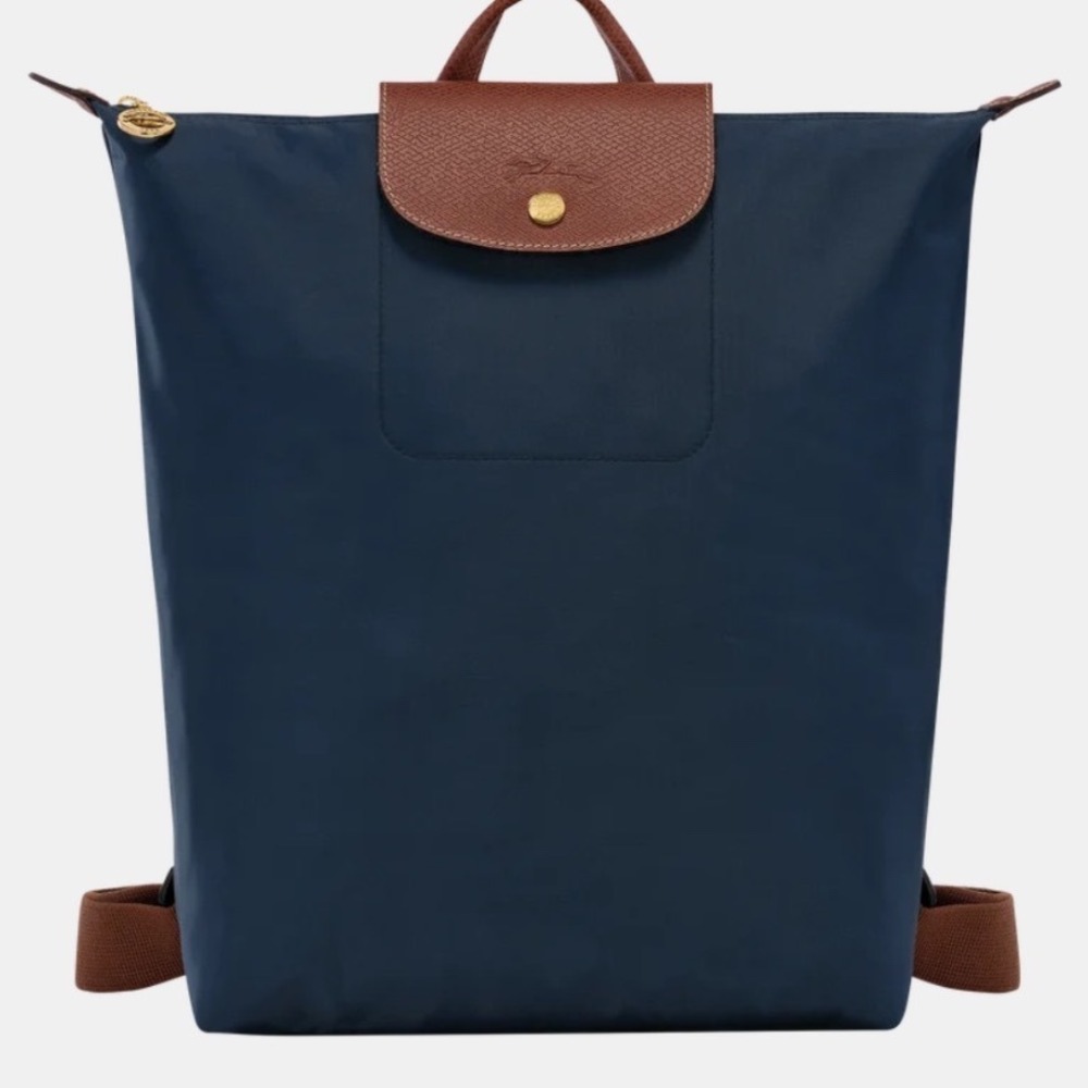 Longchamp Le Pliage Navy Blue Nylon Leather Trim Travel Backpack Bag $205